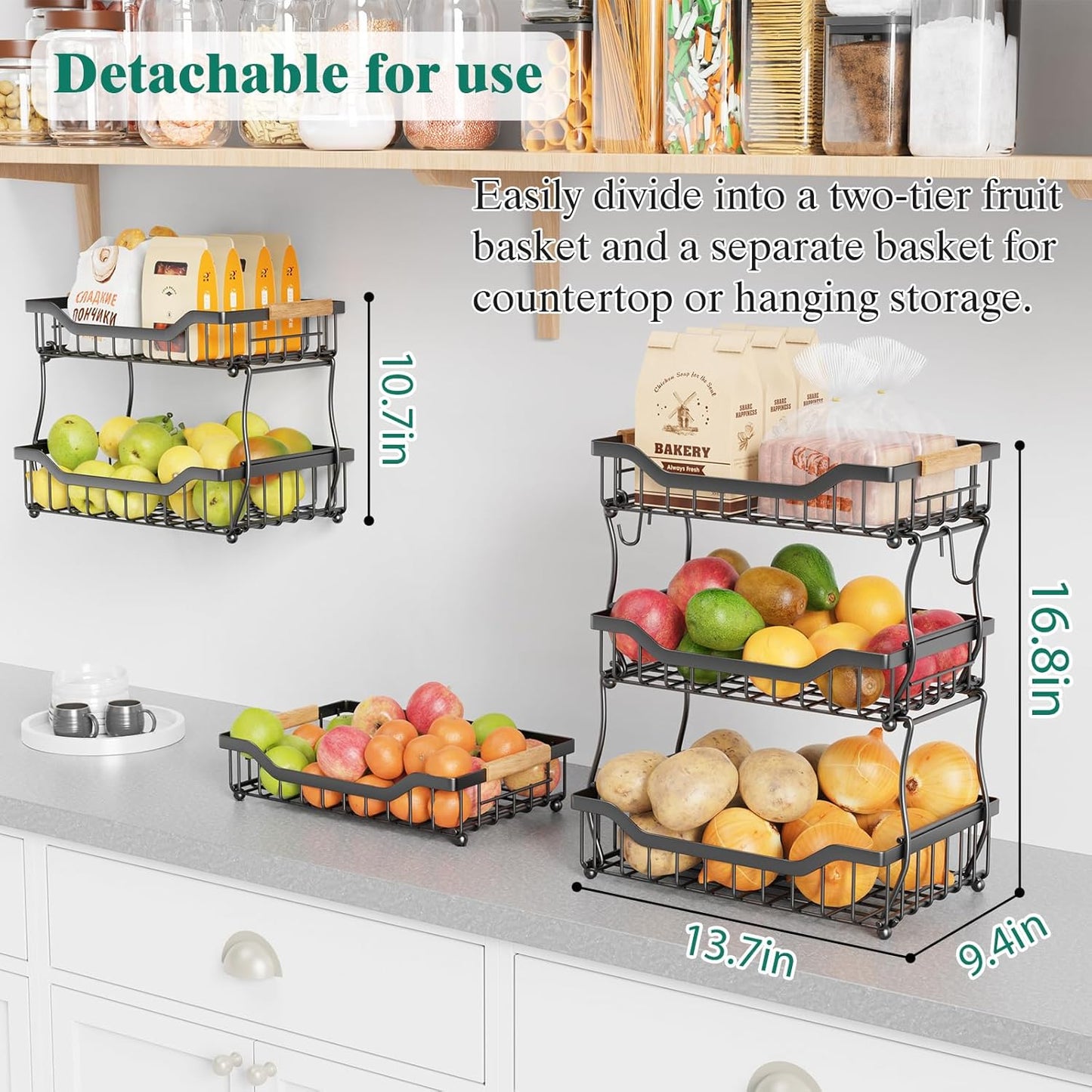 Giwil 3 Tier Countertop Fruit Basket for Kitchen, Vegetable Storage Bread Fruit Bowl Stand with 2