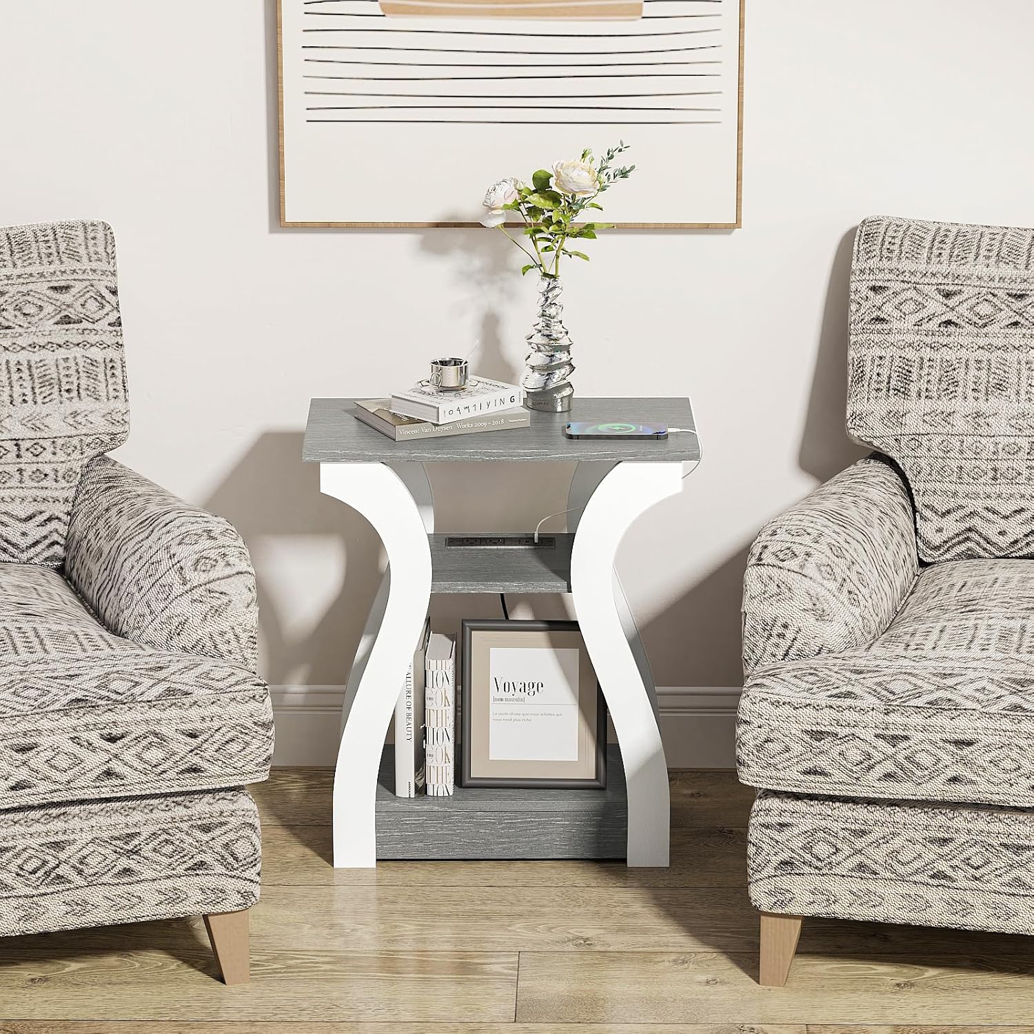 End Tables Living Room, Grey End Table with Charging Station, Grey Side Table, Nightstand for