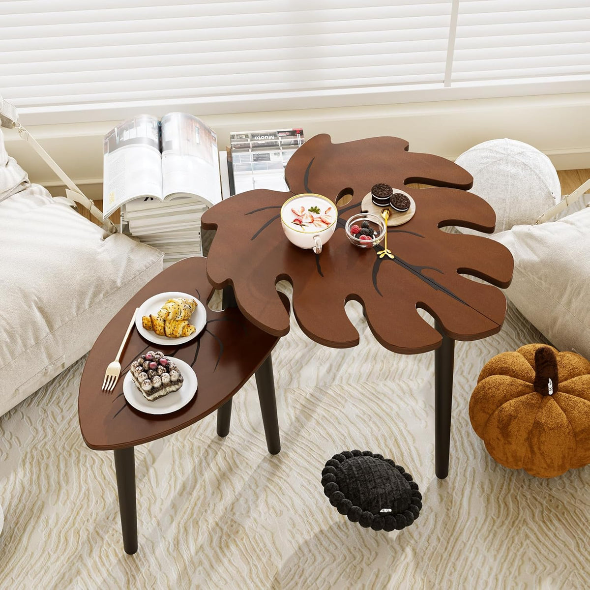 BAMEOS Monstera Leaf Nesting Tables Set of 2, Small Coffee Table Set with Leaf Vein Pattern, Modern