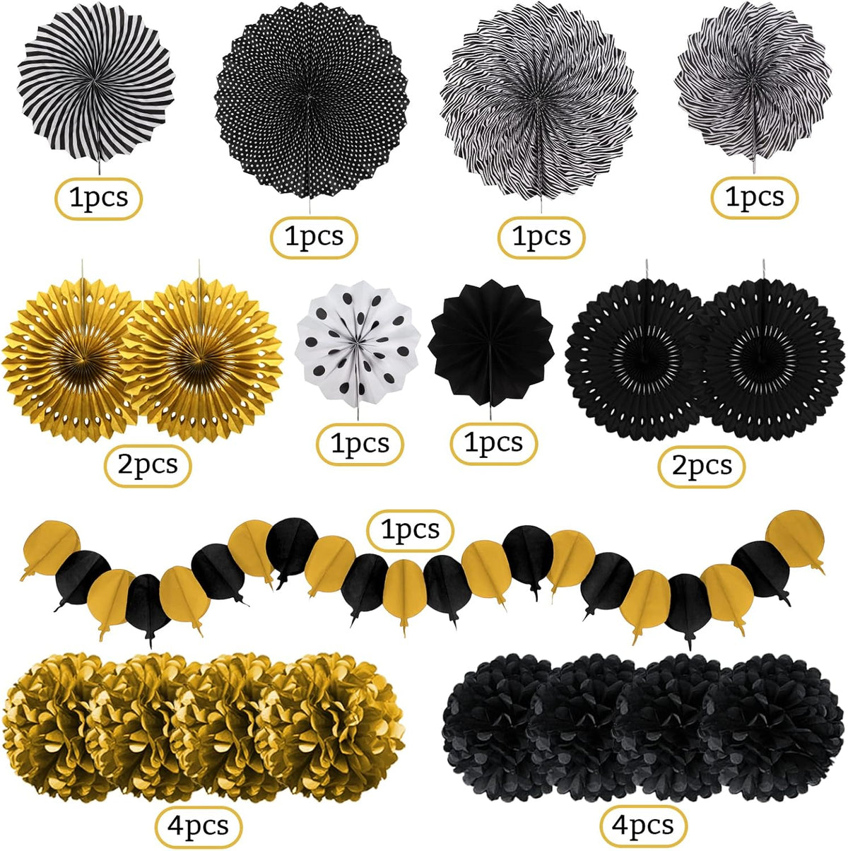 Black and Gold Decorations, Paper Pompoms Fan for Graduation Birthday Wedding Prom Night New Years