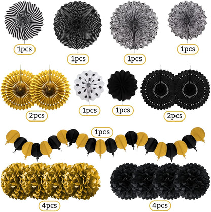 Black and Gold Decorations, Paper Pompoms Fan for Graduation Birthday Wedding Prom Night New Years