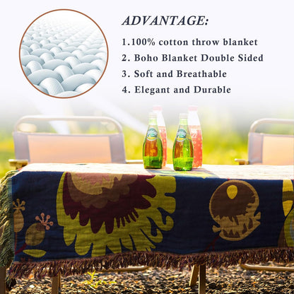 Snycler Boho Throw Blanket for Bed, 100% Organic Cotton Muslin Soft Throw-Blue Boho Floral