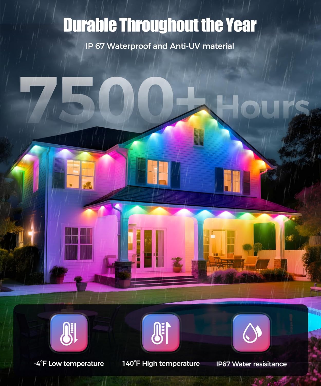 POOFZY Permanent Outdoor Lights for House, 150ft RGB+IC Smart Outdoor Decor, 50 Scene Modes