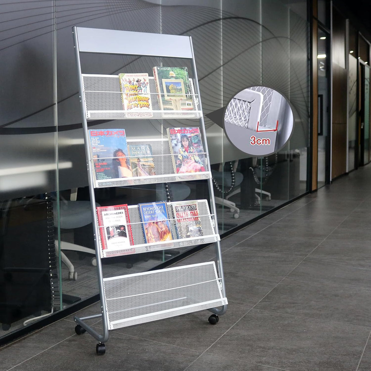 4-Layer Iron Magazine Rack with Wheels, Newspaper Rack, Display Rack, Silver (63)