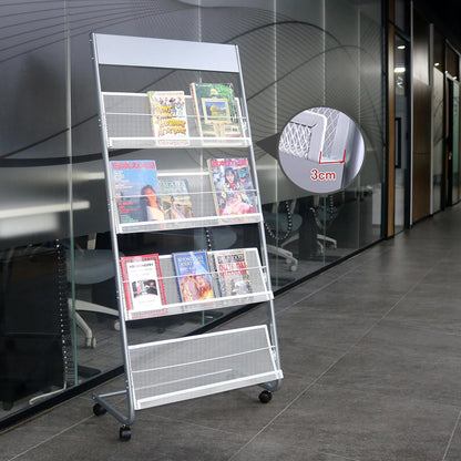 4-Layer Iron Magazine Rack with Wheels, Newspaper Rack, Display Rack, Silver (63)