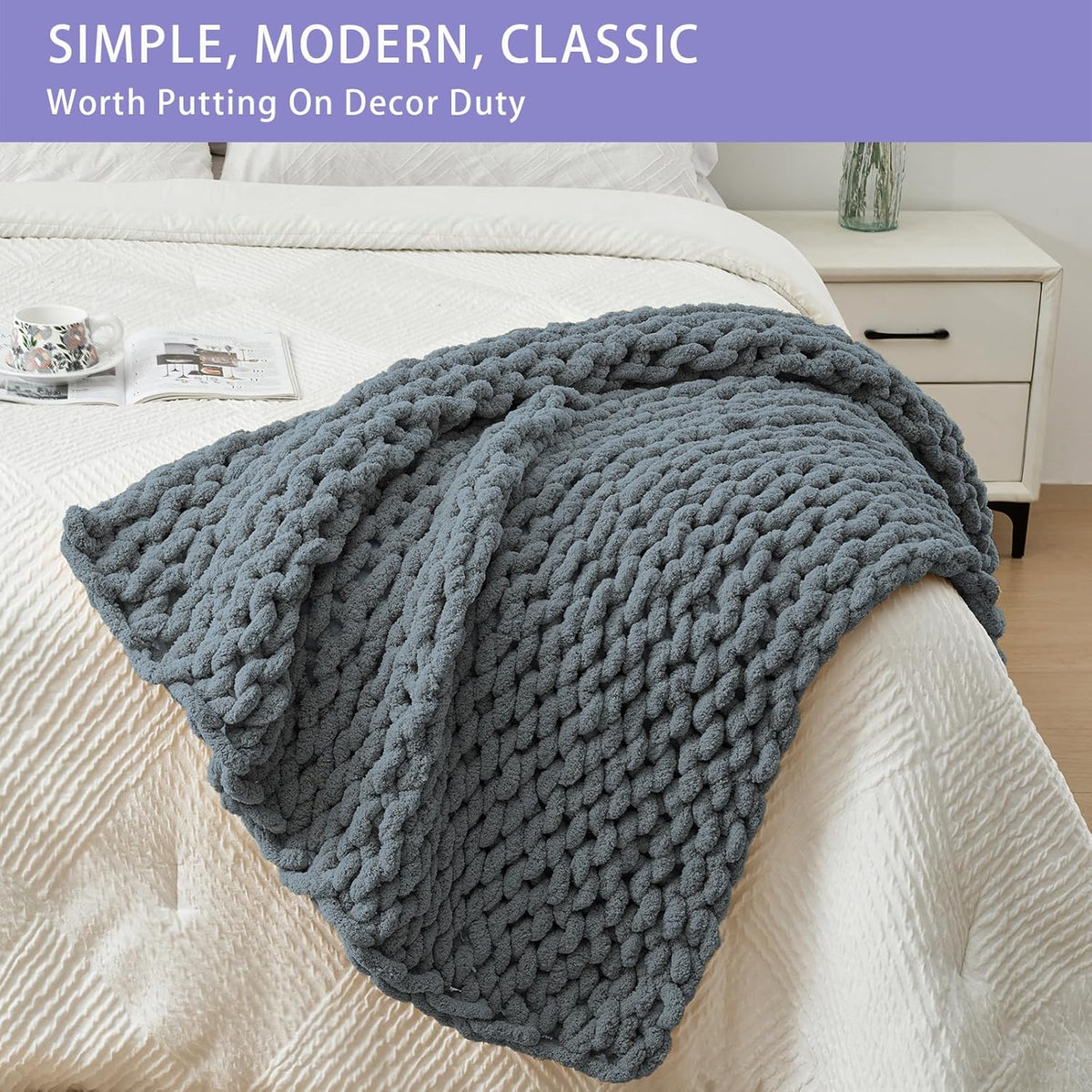 Bigacogo Chunky Knit Throw Blanket for Couch, 40x40 inches, 100% Hand Knitted with Thick Jumbo