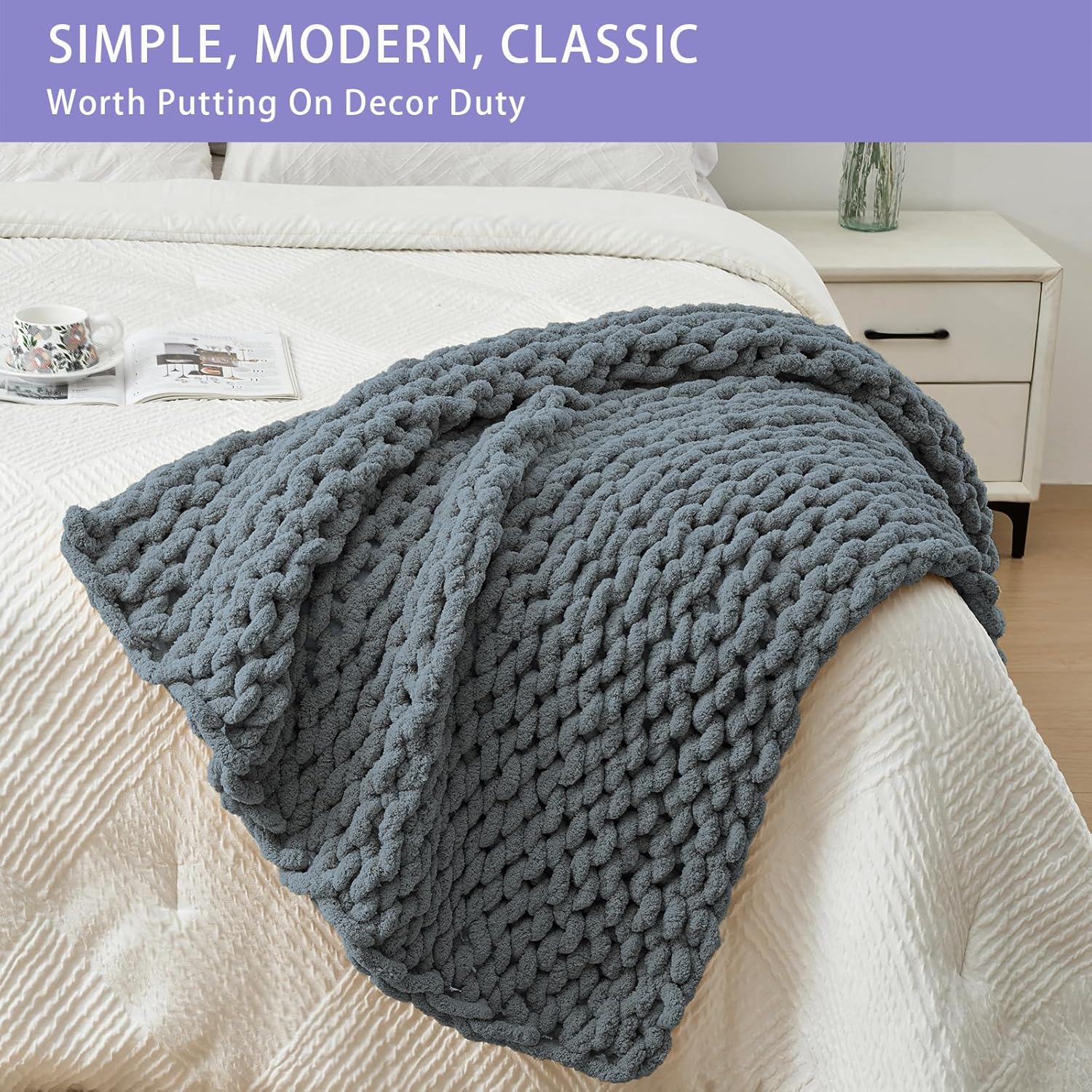 Bigacogo Chunky Knit Throw Blanket for Couch, 40x40 inches, 100% Hand Knitted with Thick Jumbo