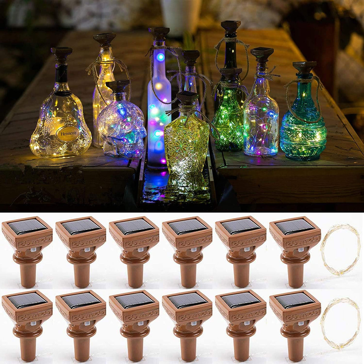 YJFWAL Upgraded 12 Pack Solar Wine Bottle Lights, 20 LEDs Waterproof Copper Light, Bottle Light