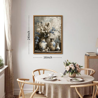 Floating Framed Farmhouse Floral Canvas Wall Art, Vintage Blue and White Flower Pictures Wall