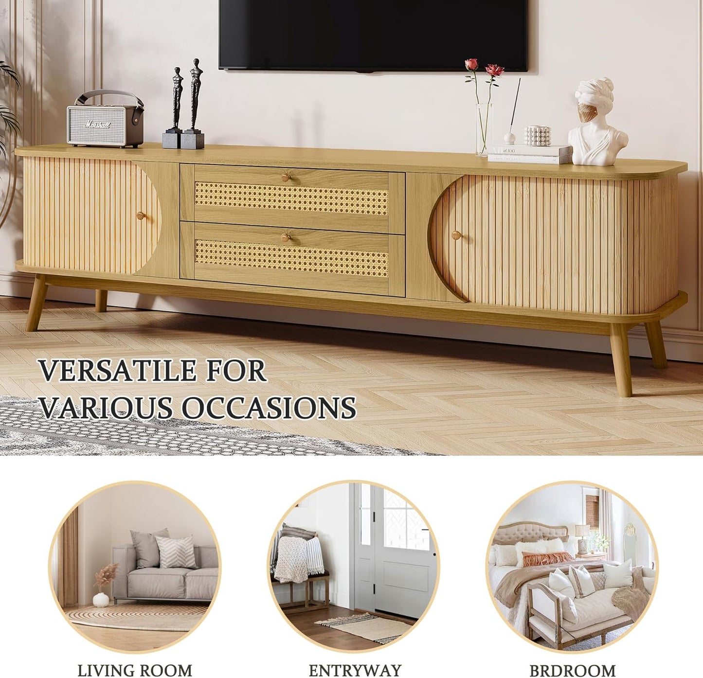Merax Modern Fluted TV Stand for 75" TVs, Mid-Century Entertainment Center Tambour Door Media