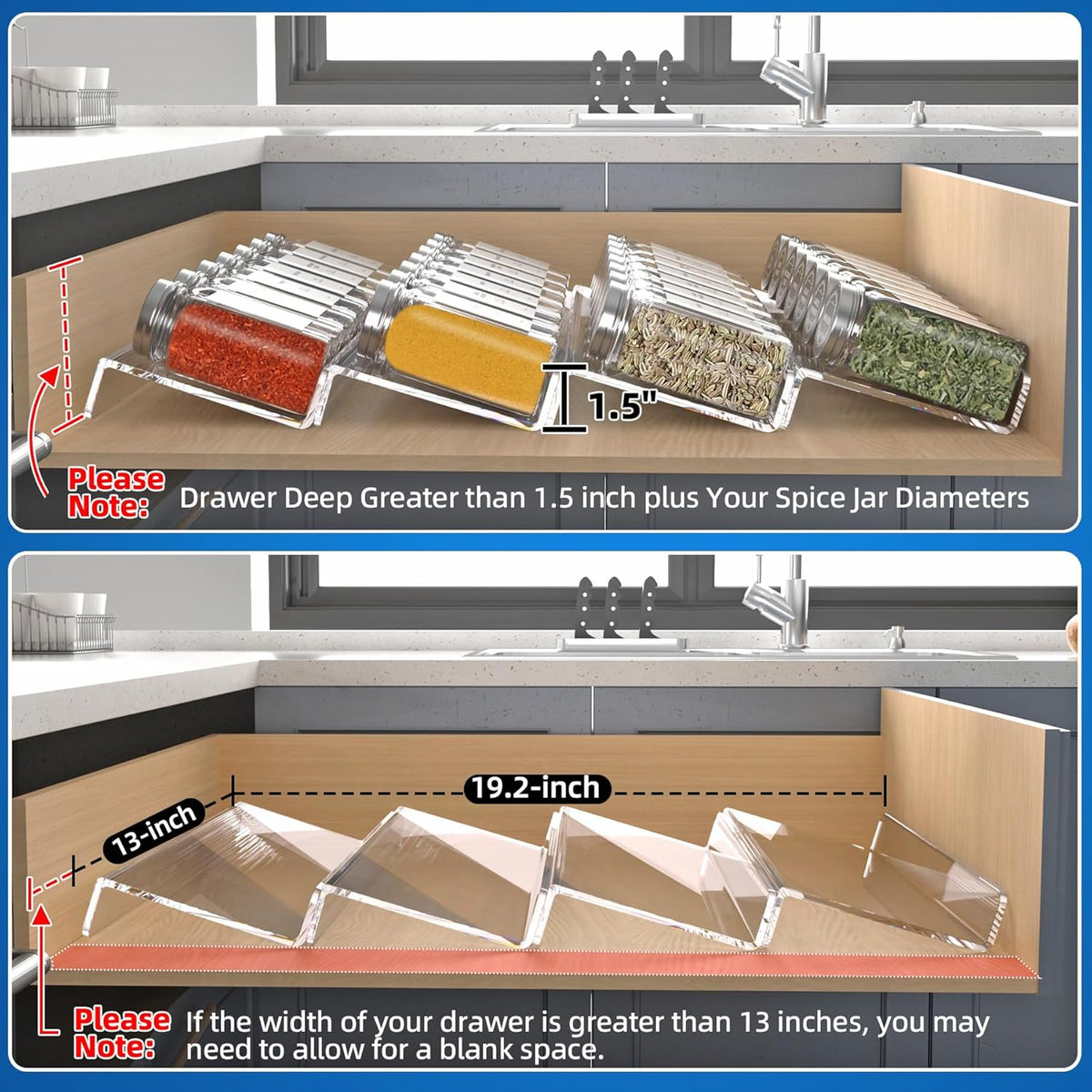 MIUKAA Clear Acrylic Spice Drawer Organizer, 4 Tier Seasoning Jars Drawers Insert, Kitchen Spice