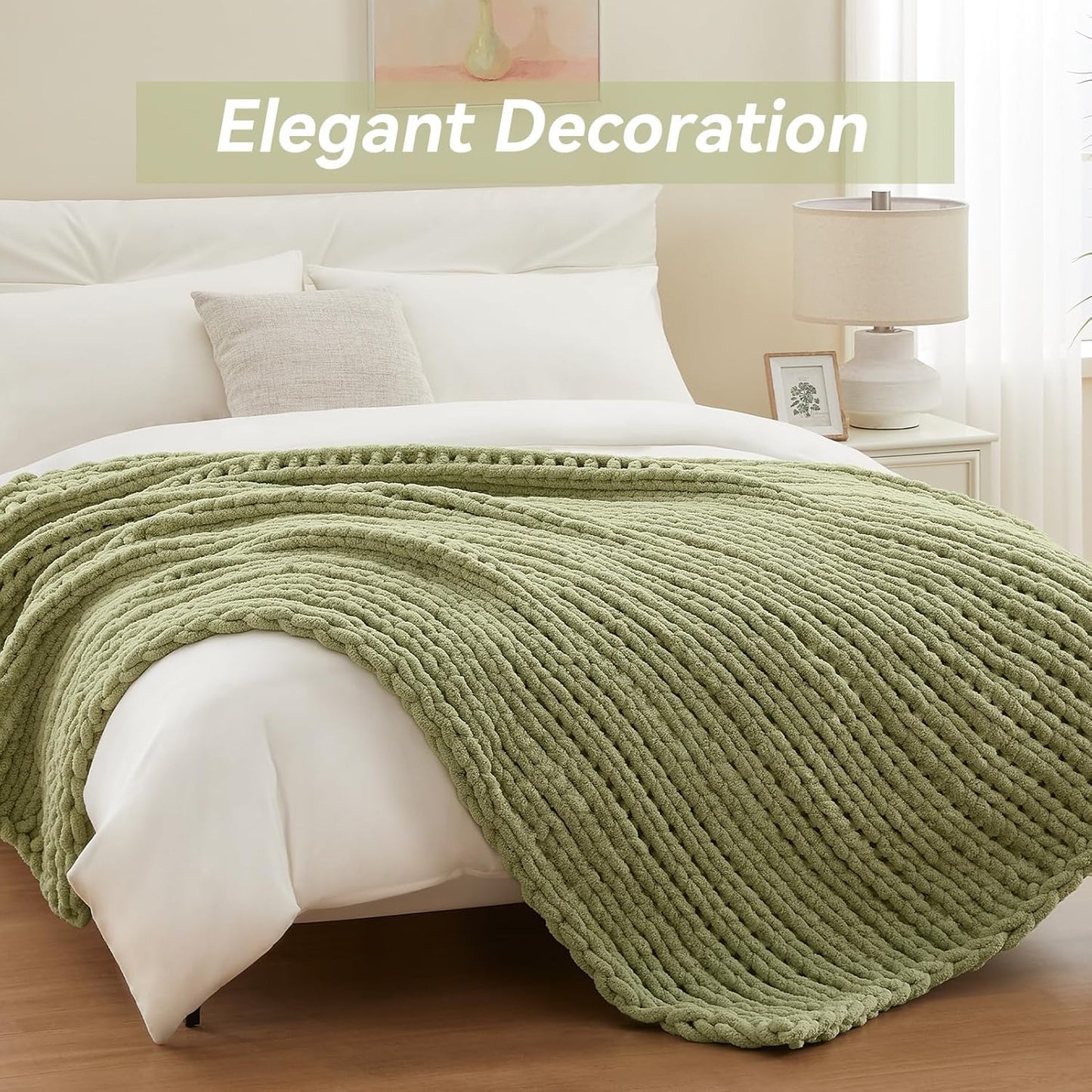 Chunky Knit Throw Blanket, 60''*80'' Knitted Throw Chenille Yarn for Bed Couch, Handmade Light