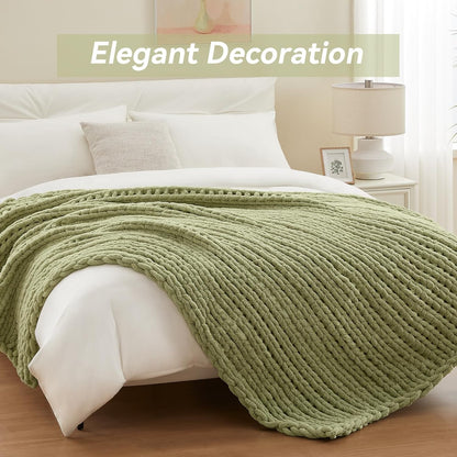 Chunky Knit Throw Blanket, 60''*80'' Knitted Throw Chenille Yarn for Bed Couch, Handmade Light
