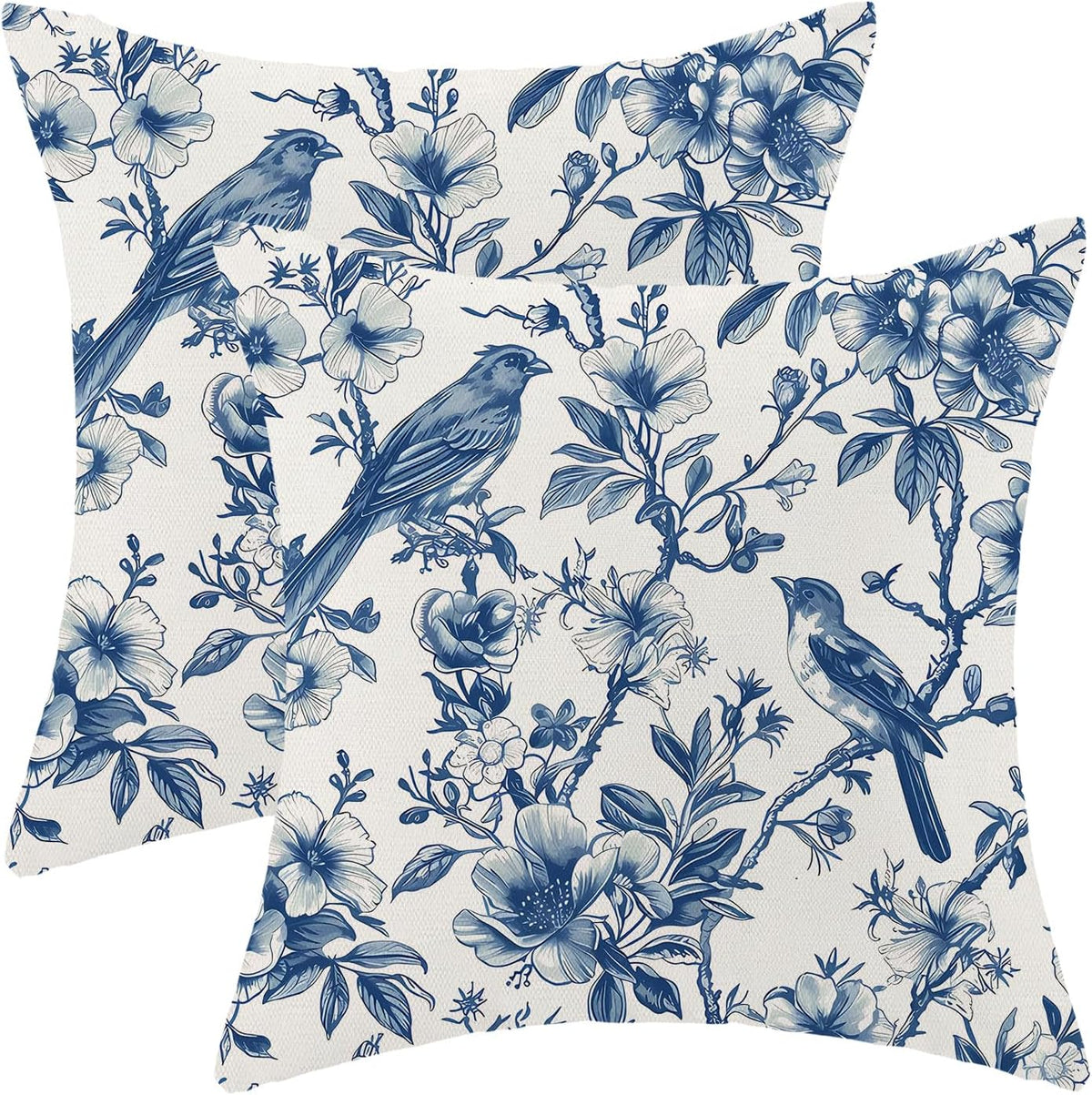 Navy Blue Spring Floral Pillow Covers 18 x 18 Inch Set of 2 for Chinoiserie Vintage Flowers Bird