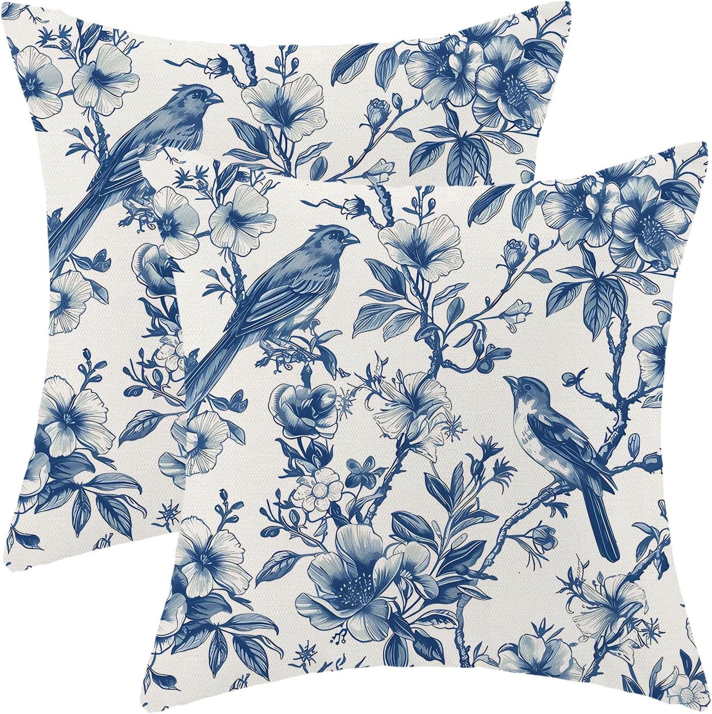 Navy Blue Spring Floral Pillow Covers 18 x 18 Inch Set of 2 for Chinoiserie Vintage Flowers Bird