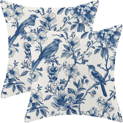 Navy Blue Spring Floral Pillow Covers 18 x 18 Inch Set of 2 for Chinoiserie Vintage Flowers Bird