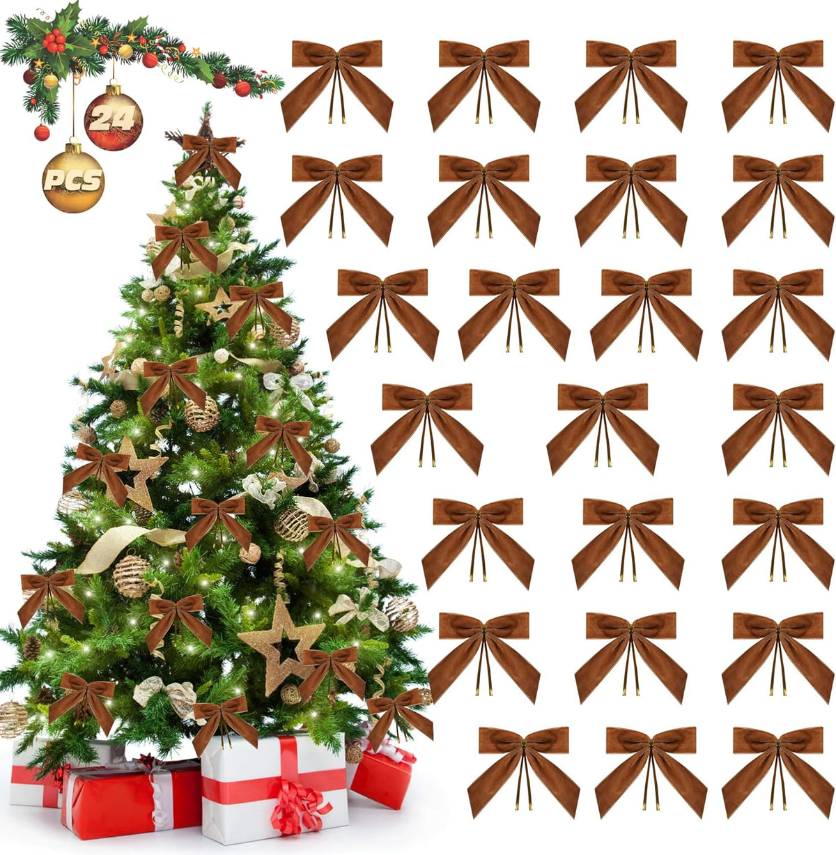 Camel Velvet Bows for Christmas Tree Decorations, 24 Pcs Premium Velvet Ribbon Bows, Christmas Tree