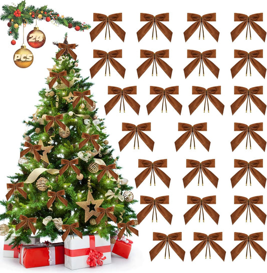 Camel Velvet Bows for Christmas Tree Decorations, 24 Pcs Premium Velvet Ribbon Bows, Christmas Tree