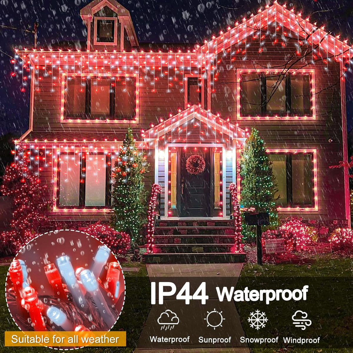 33ft Red and White Christmas Lights, 400 LED Icicle Lights for Outside, Clear Wire Connectable