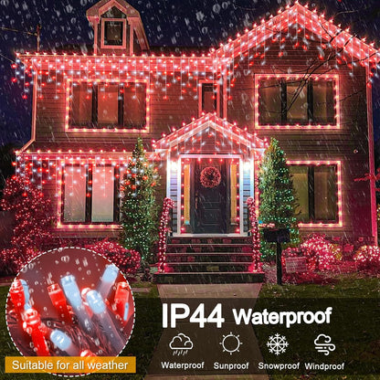 33ft Red and White Christmas Lights, 400 LED Icicle Lights for Outside, Clear Wire Connectable