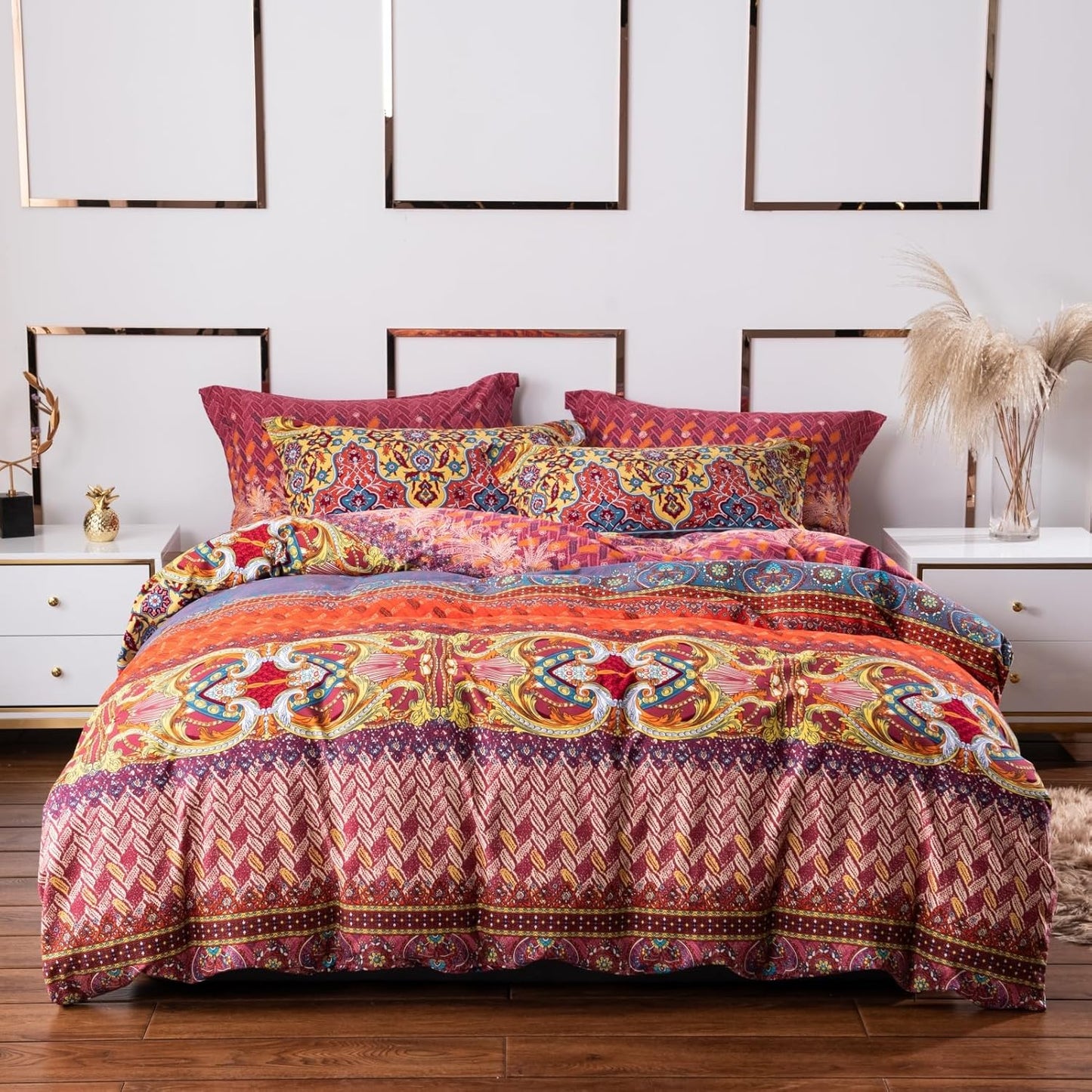 ABREEZE Bohemian Duvet Cover Set Colorful Orange Boho Retro Bedding Set Damask Paisley Cotton Duvet