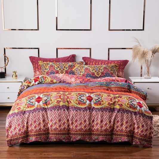 ABREEZE Bohemian Duvet Cover Set Colorful Orange Boho Retro Bedding Set Damask Paisley Cotton Duvet