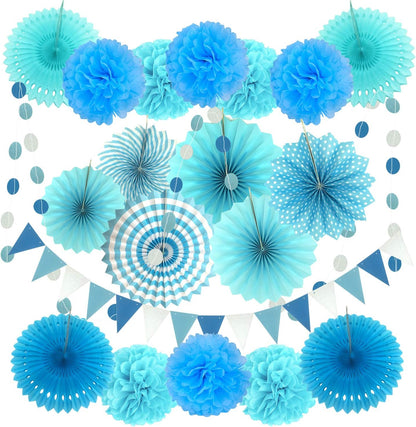 ZERODECO Party Decoration, 21 Pcs Blue Hanging Paper Fans, Pom Poms Flowers, Garlands String Polka
