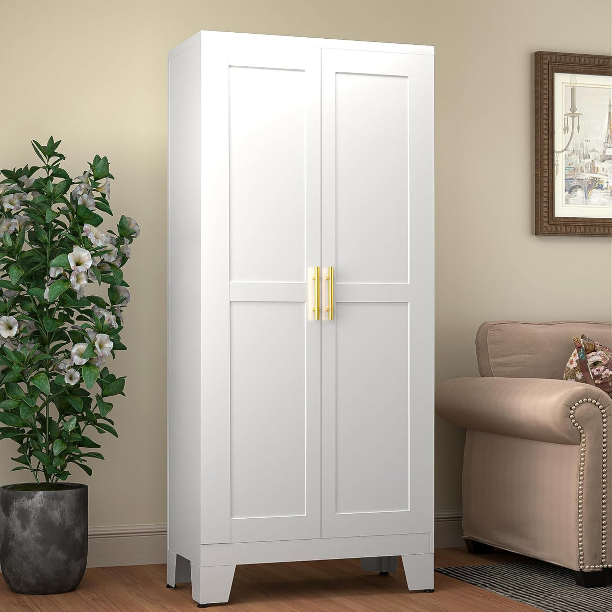61.02" Pantry Cabinet, Kitchen Pantry Storage Cabinets with Adjustable Shelves and Feet, White