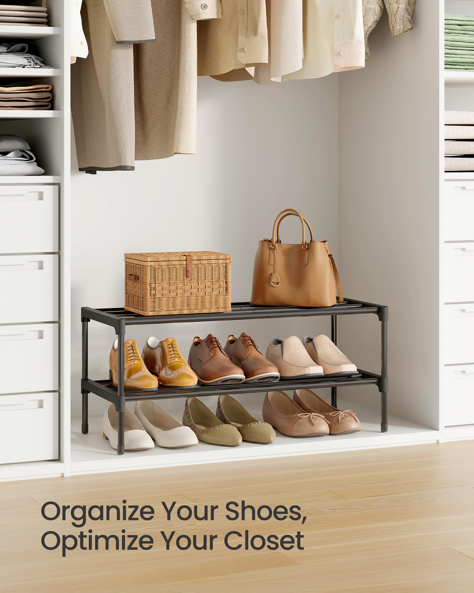 SONGMICS 2-Tier Shoe Rack, Stackable Compact Metal Shoe Storage Organizer