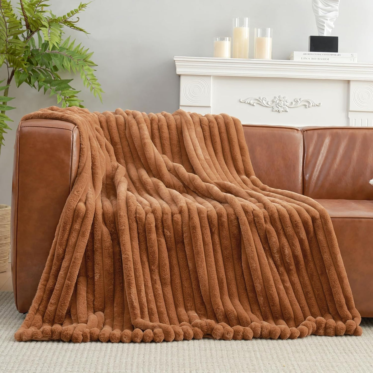 Amélie Home Faux Fur Throw Blanket for Couch, Cozy Fuzzy Fluffy Fur Luxurious Soft Striped Plush