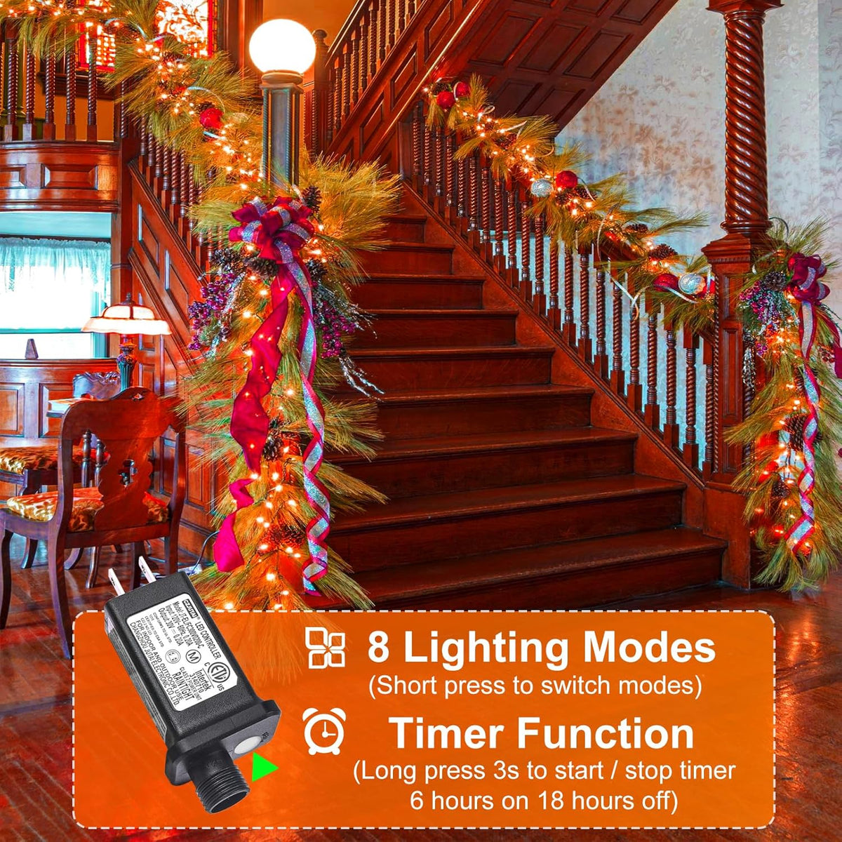 Orange Halloween Lights Outdoor, 100FT 300 LED Halloween String Lights with 8 Modes Waterproof
