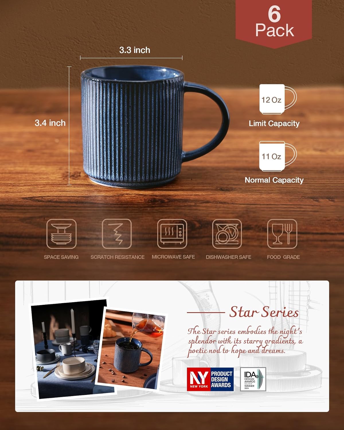 famiware Coffee Mug Set for 6, Star 12 oz Catering Mugs Cup Set with Handle for Coffee, Tea, Cocoa