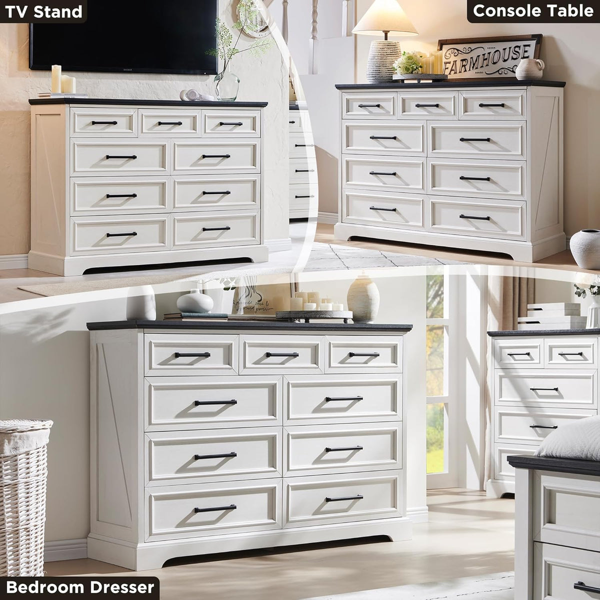 Farmhouse 9 Drawer Dresser for Bedroom, 36 Inch Tall Modern Dresser TV Stand with Large Drawers &