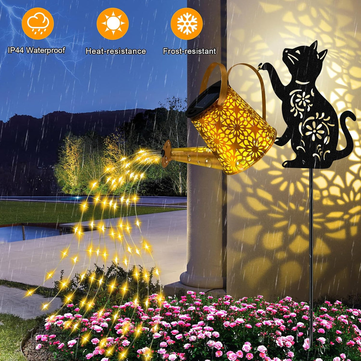 Solar Lights Outdoor Decorative, Watering Can with Cascading Lights, with Cat Silhouette Garden