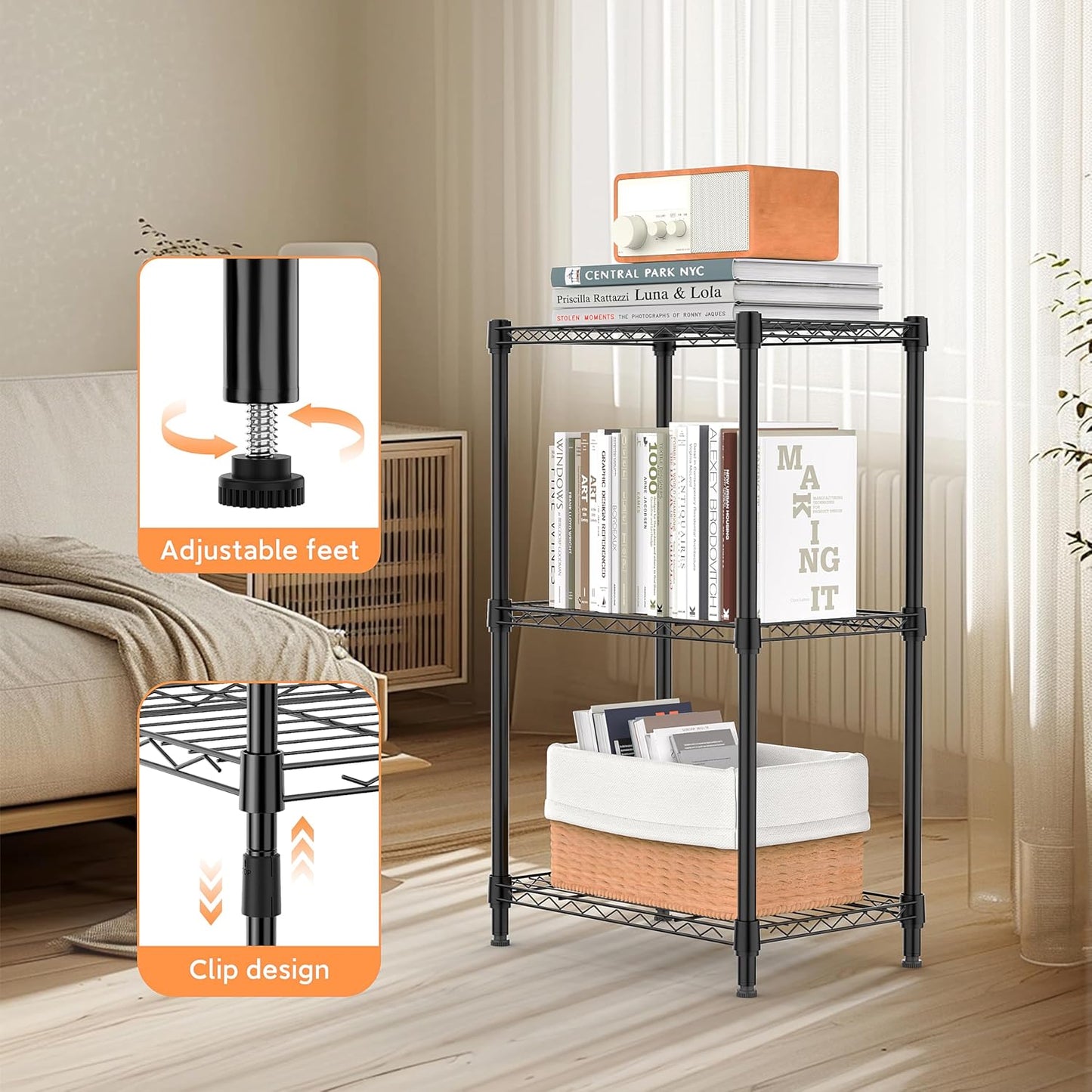3 Tiers Shelf Metal Storage Shelves Wire Rack Closet Organizers with Wheel for Garage Kitchen
