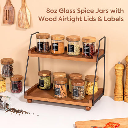 Yangbaga 12Pcs Glass Spice Jars with Labels-8oz Acacia Wood Lid Square Spice Containers,Seasoning