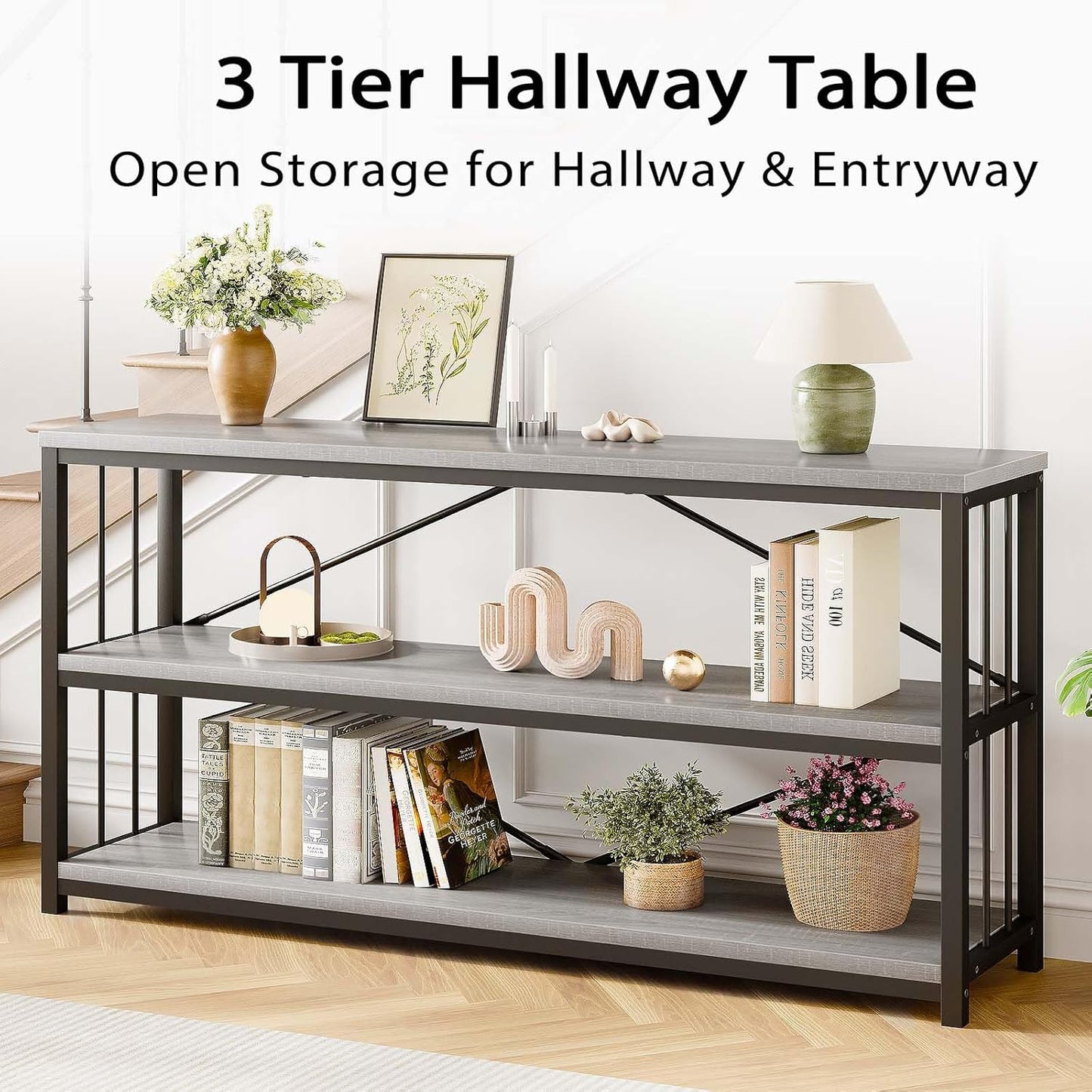 LVB Extra Long 3-Tier Sofa Table, Industrial Console Table with Storage Shelf, Modern Rustic Wood