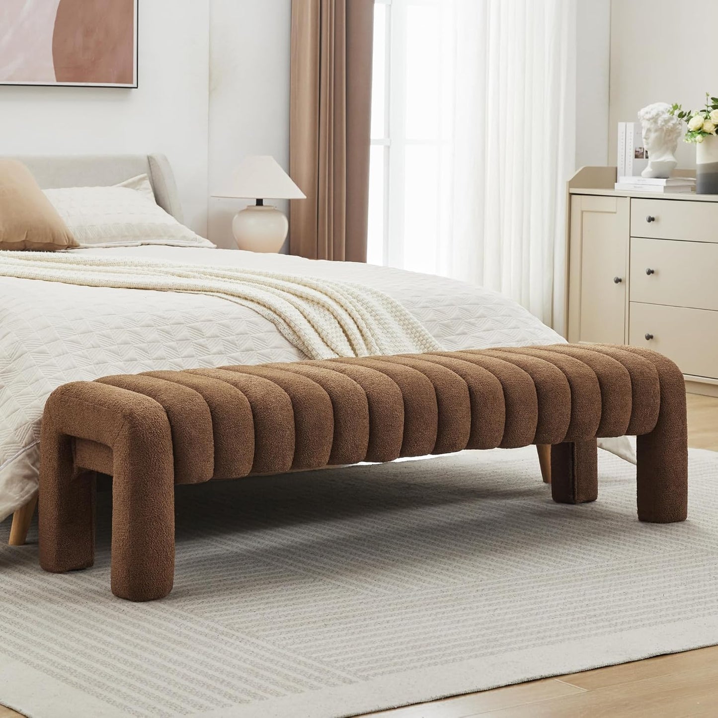 63" Bedroom Bench, Upholstered Entryway Bench, Modern End of Bed Ottoman with Solid Wood Legs and