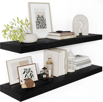 Black Floating Shelves for Wall 36 Inches Long, 12" Deep Wall Shelves 2" Thick, Heavy Duty Shelf