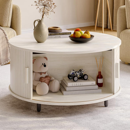 Round Coffee Table with Storage, 31.5" Modern Coffee Table with 360° Curved Sliding Door, Fluted