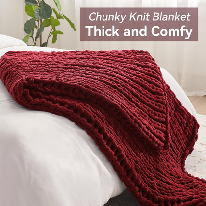 Chunky Knit Throw Blanket, 50''*60'' Knitted Throw Chenille Yarn for Bed Couch, Handmade Red