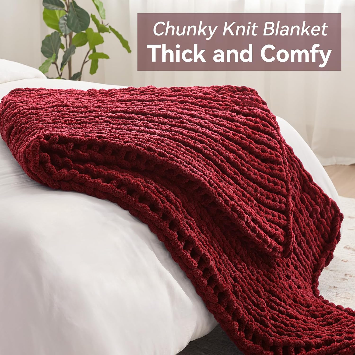 Chunky Knit Throw Blanket, 40''*50'' Knitted Throw Chenille Yarn for Bed Couch, Handmade Red