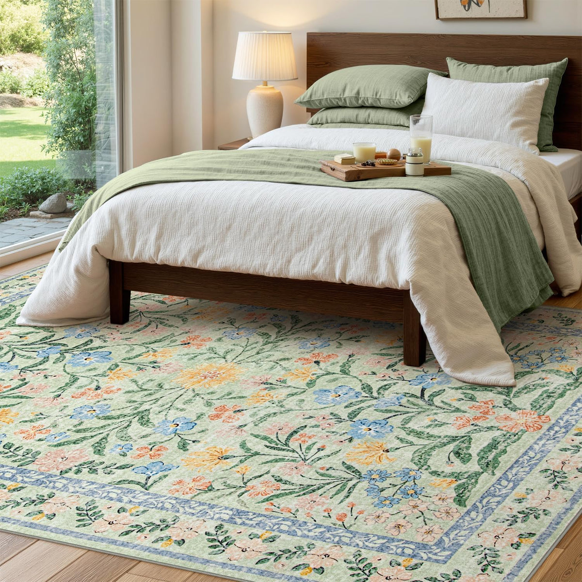 Wonnitar Washable Floral 6x9 Rug, Soft Green Area Rug Boho Non Slip Dining Room Carpet