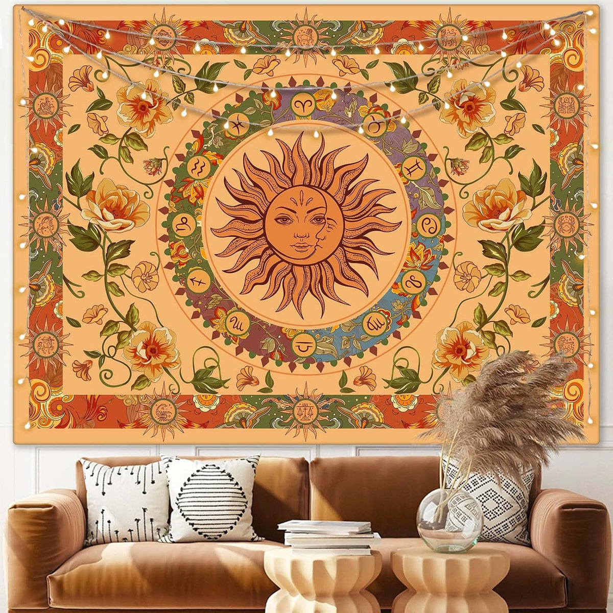 Aipon Yellow Sun and Moon Tapestry Indie Tapestries Boho Orange Flower Floral Tapestry Wall Hanging