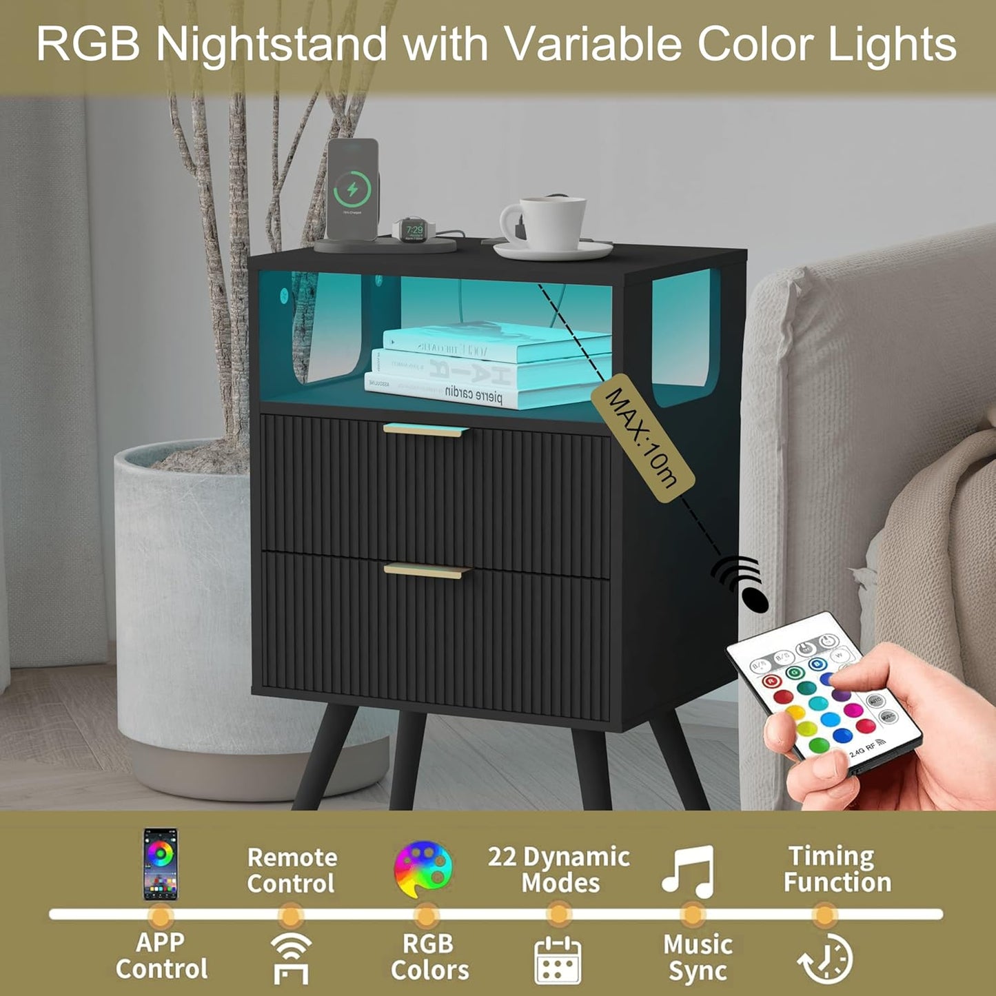 Black Nightstand with Charging Station and LED Lights,Modern Bedside Table with 2 Storage Drawer