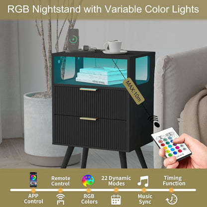 Black Nightstand with Charging Station and LED Lights,Modern Bedside Table with 2 Storage Drawer
