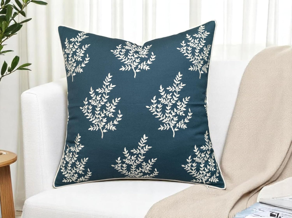 VAGMINE Embroidered Leaves Throw Pillow Cover - 20x20 Inches Square - 100% Cotton Teal Decorative