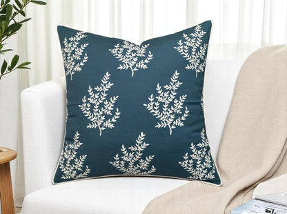 VAGMINE Embroidered Leaves Throw Pillow Cover - 20x20 Inches Square - 100% Cotton Teal Decorative