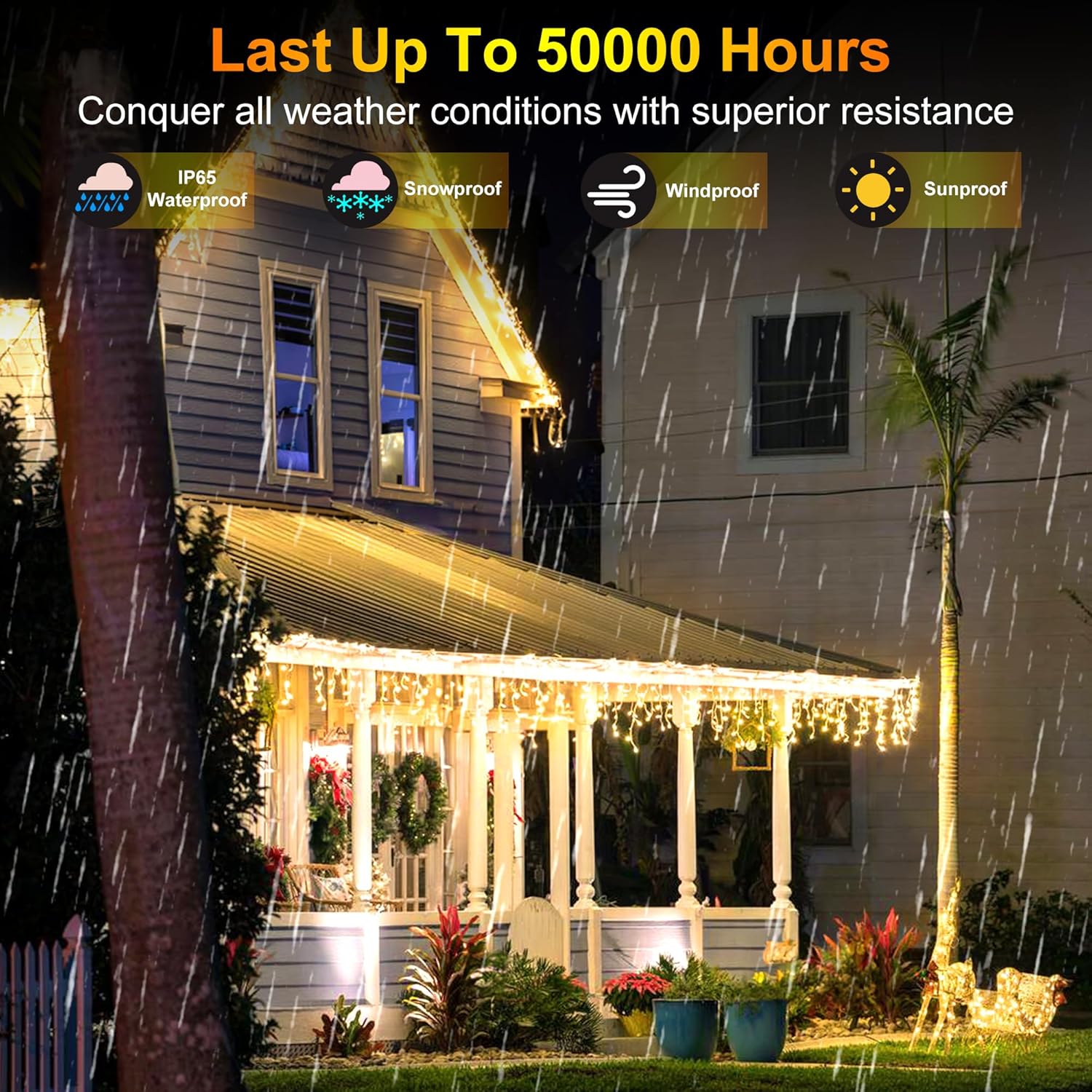 612 LED 60FT Christmas Lights with 136 Drops, 12 Modes Dimmable Warm White Outdoor Hanging Lights