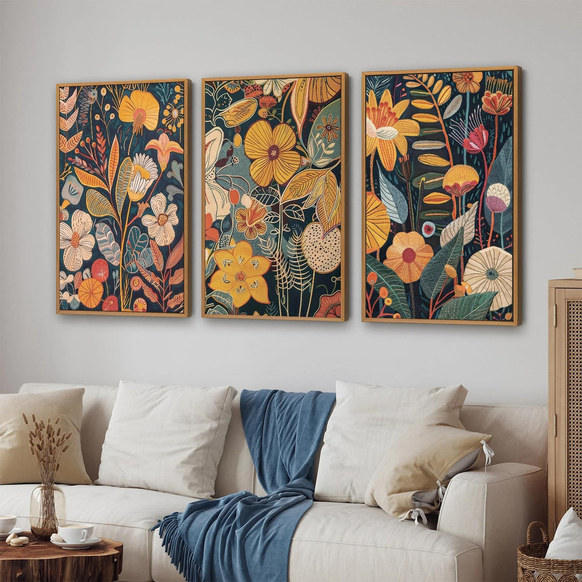 SIGNINART Orange Floral Framed Canvas Wall Art Set of 3, Mid Century Modern Flower Wall Decor